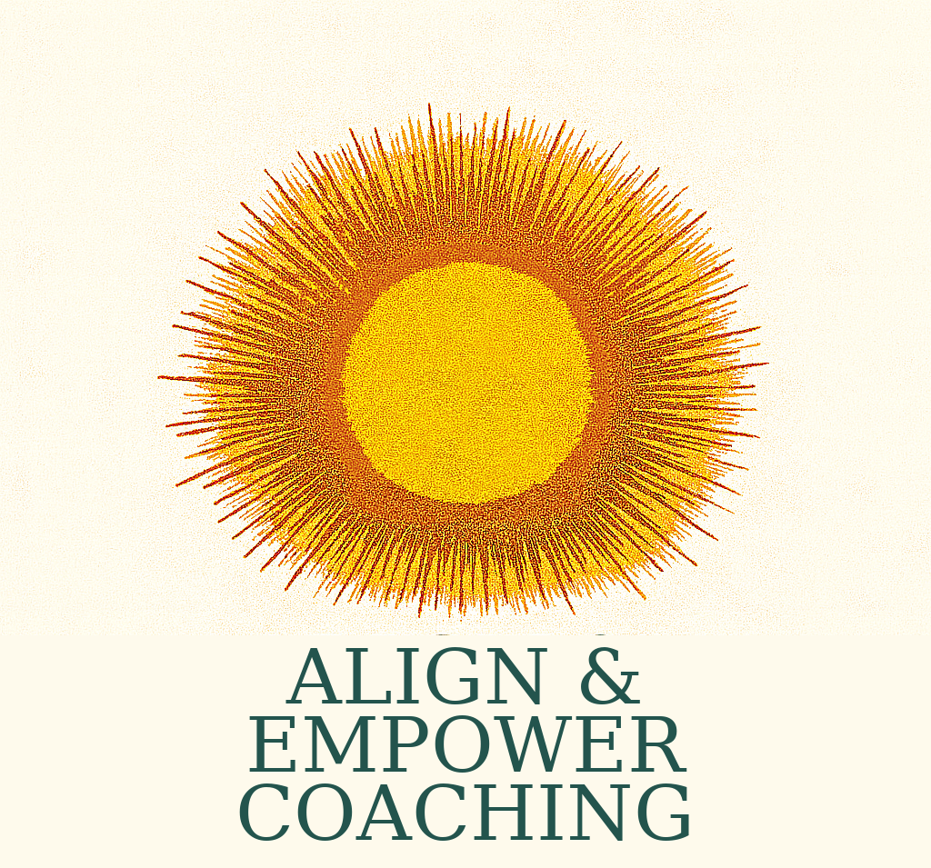 A stylized yellow sun with rays extending outward, with the words "ALIGN & EMPOWER COACHING" written below.
