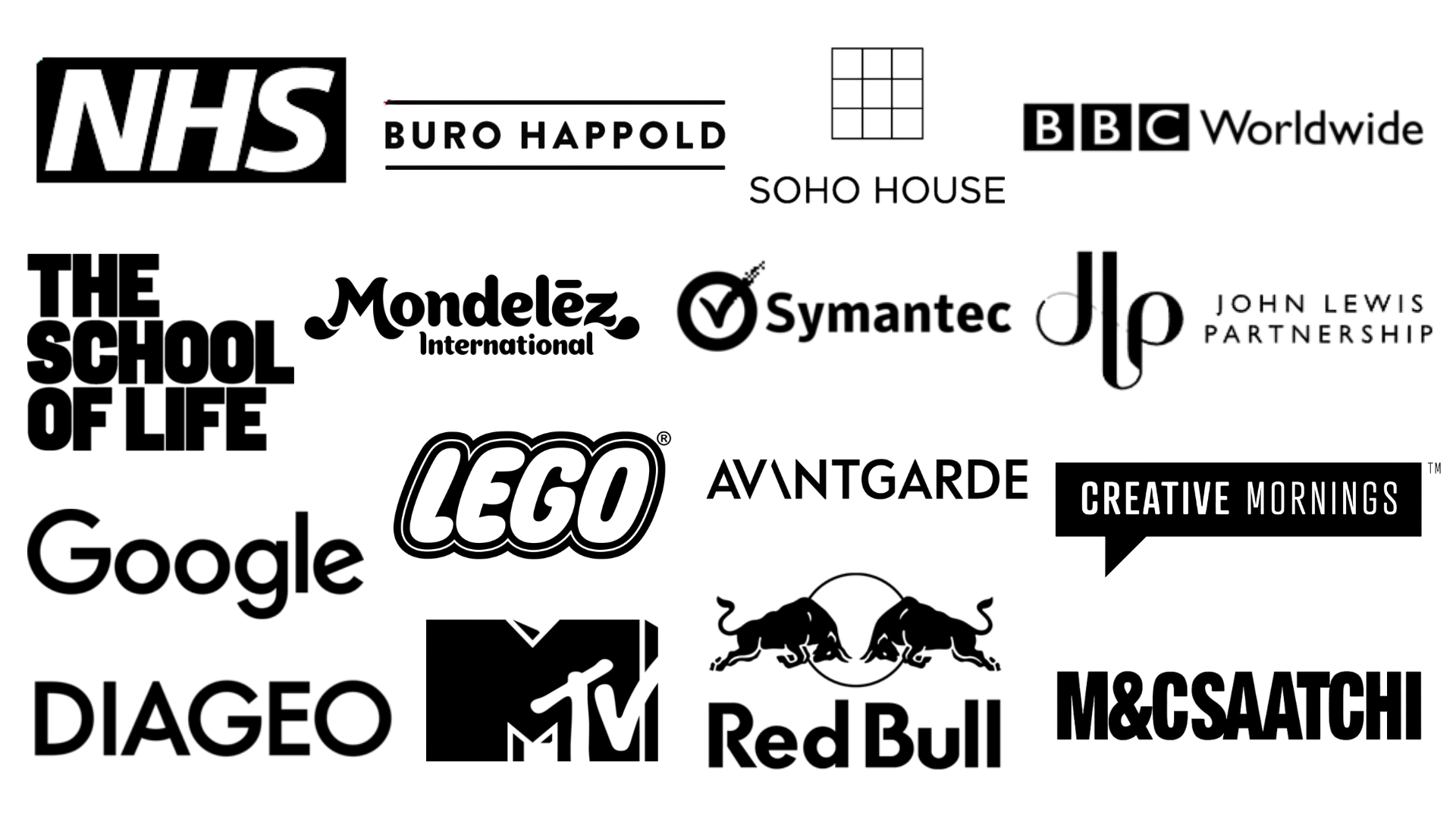 A collage of various logos from different brands and organisations, including LEGO, RED BULL,  NHS, DIAGEO, GOOGLE, M&C SAATCHI and others, arranged in a scattered manner.
