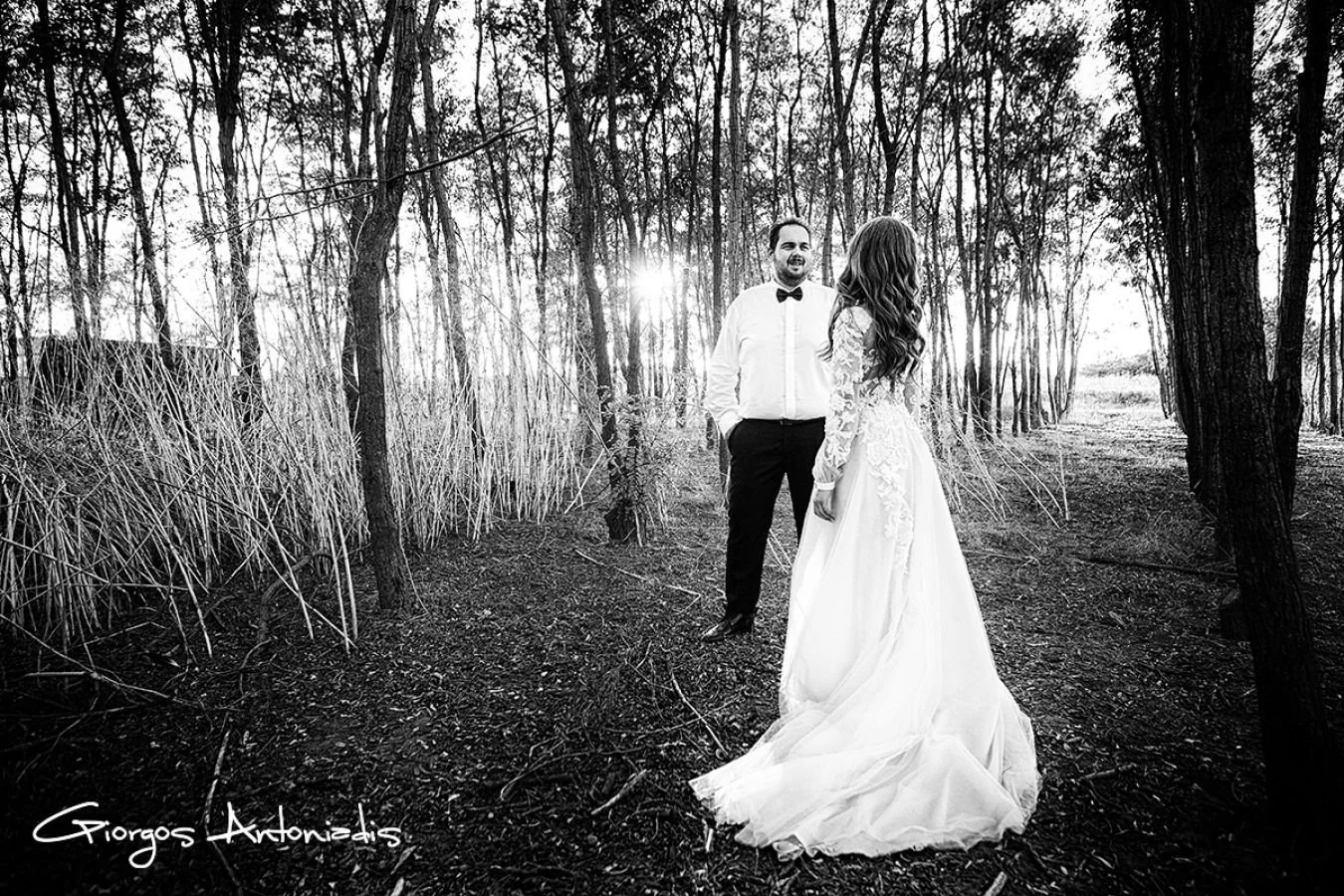 A black and white photo of a bride and groom standing in a forest, with sunlight shining through the trees. The bride wears a long white wedding gown, and the groom wears a white shirt with a bow tie.