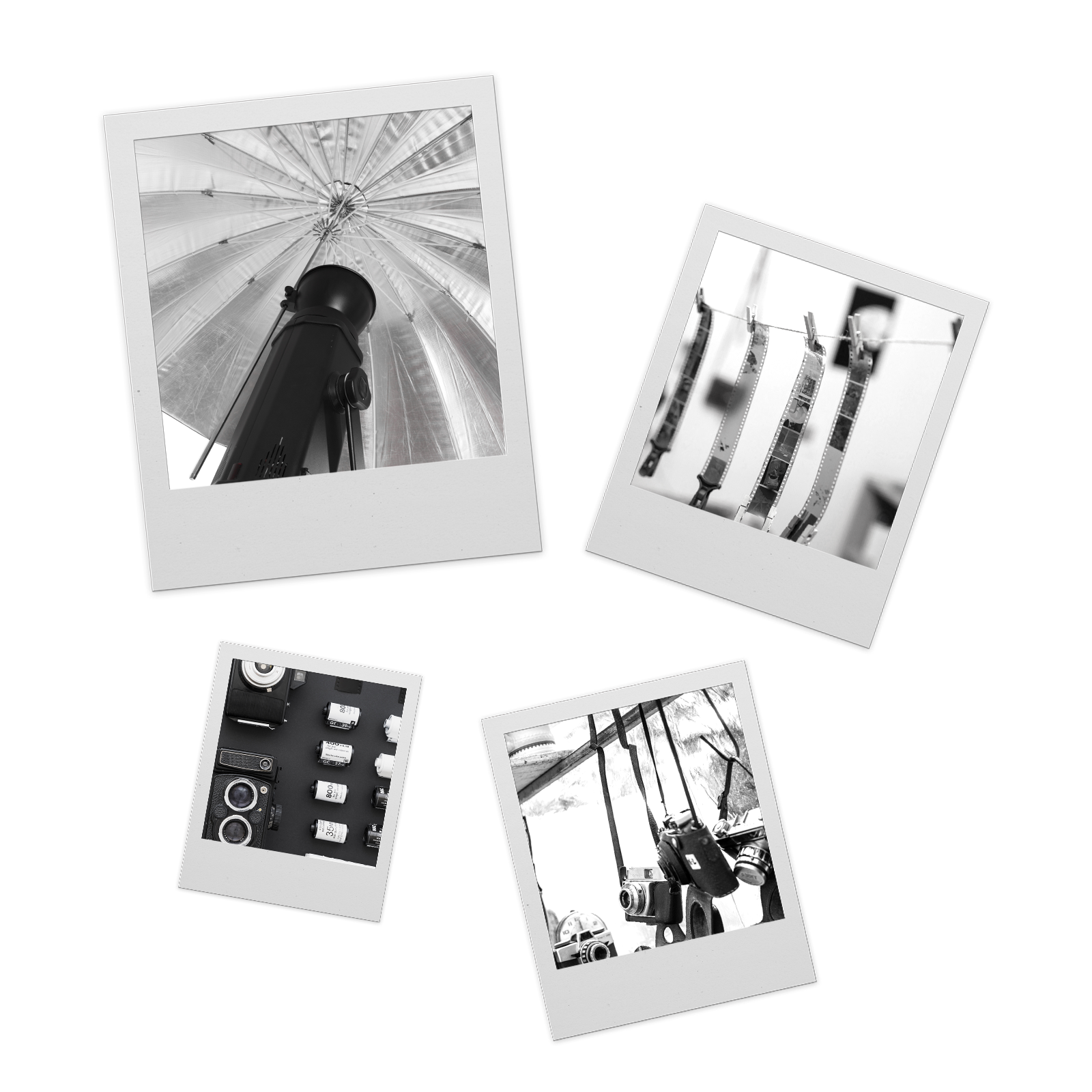 Black and white photographs of photography equipment on a black background. Includes a camera with a lens, camera straps, camera accessories, film rolls, and a camera mounted under an umbrella.
