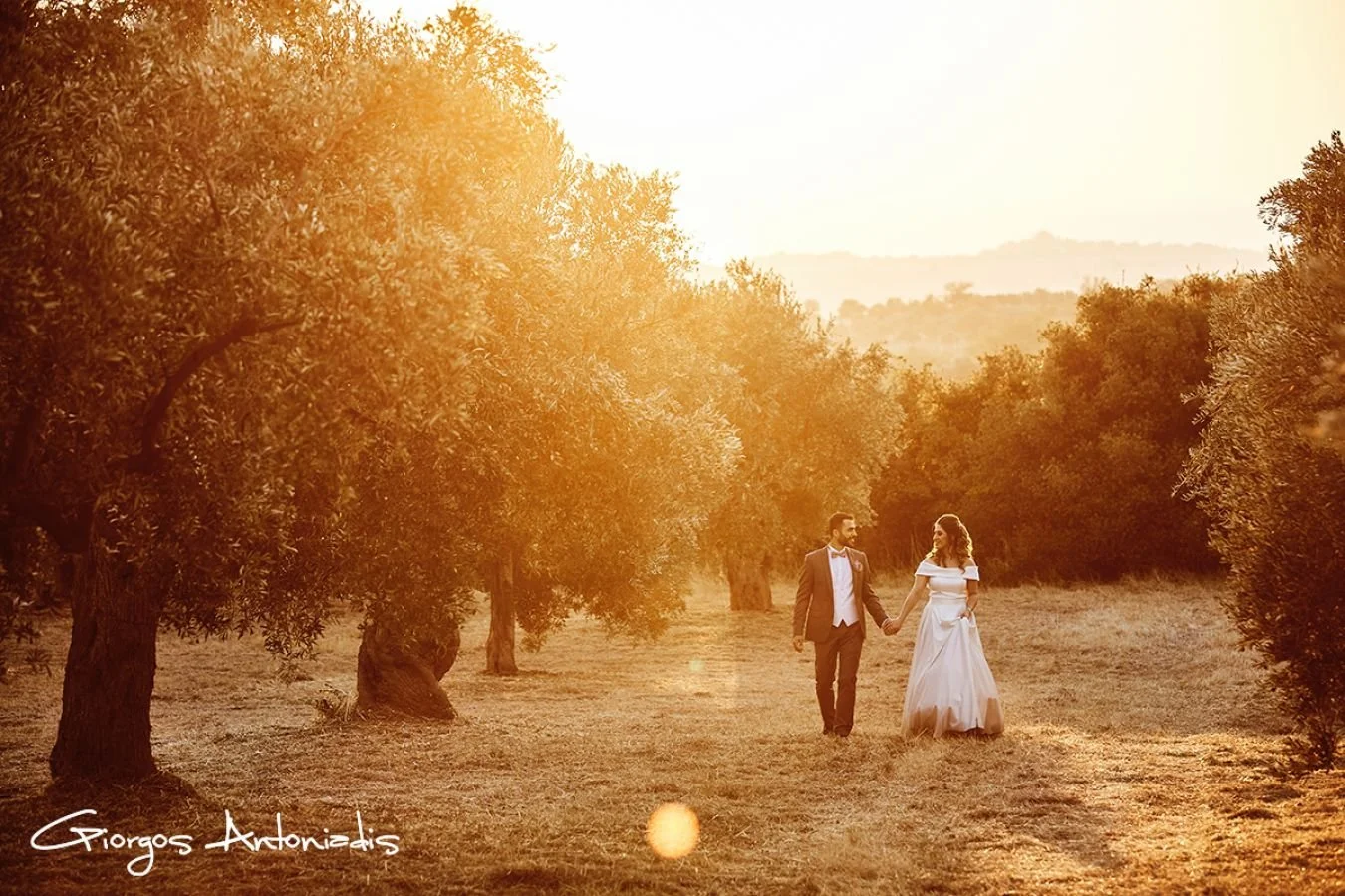 A bride and groom walking hand in hand through a sunlit field with trees, at sunset or sunrise.