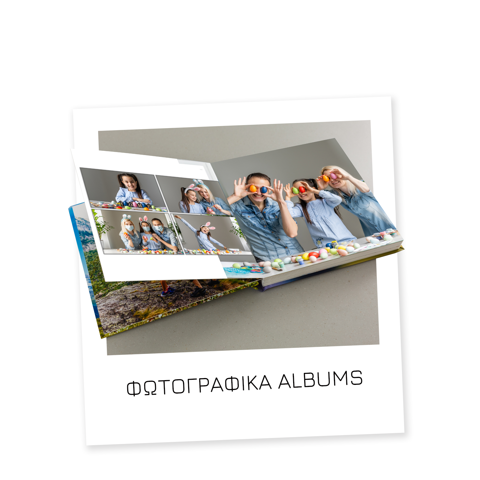 Open photo album displaying pictures of children participating in Easter activities, including wearing bunny ears and holding colorful eggs.