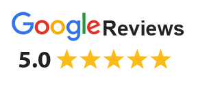 Google Reviews logo with five-star rating and 5.0 score
