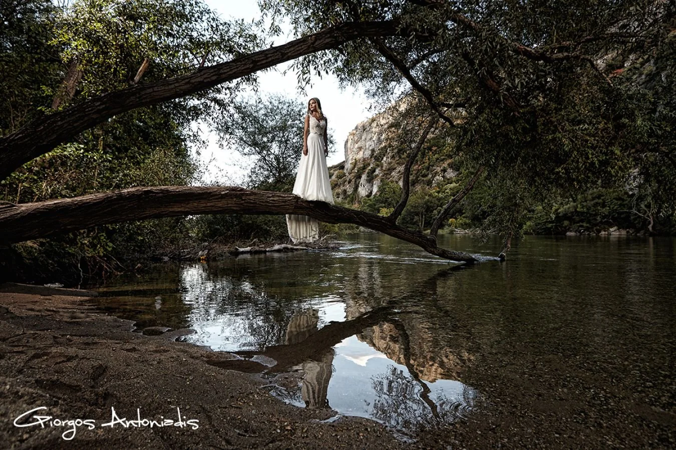 A woman in a white wedding dress standing on a fallen tree in a river surrounded by trees and rocks, with their reflection in the water.