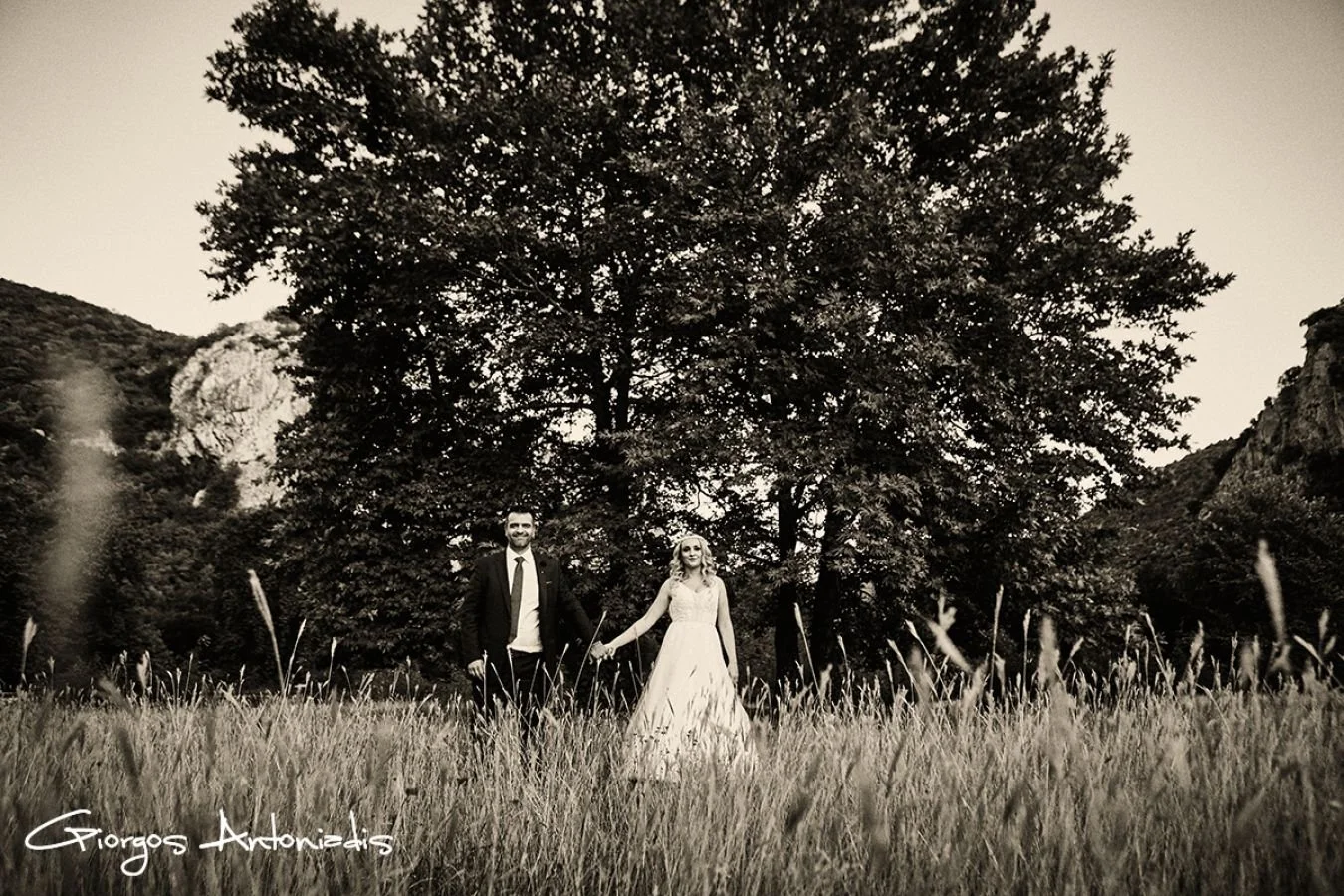 Black and white photo of a man and a woman holding hands in a grassy field with large tree behind them