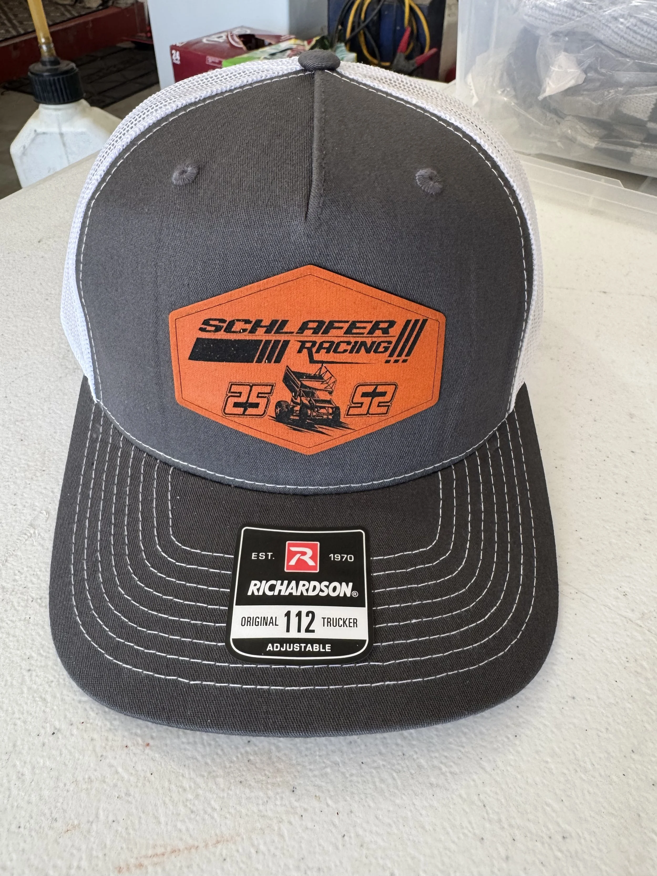 Dark Gray with White Mesh Richardson Adjustable Hat with Orange Leather Patch
