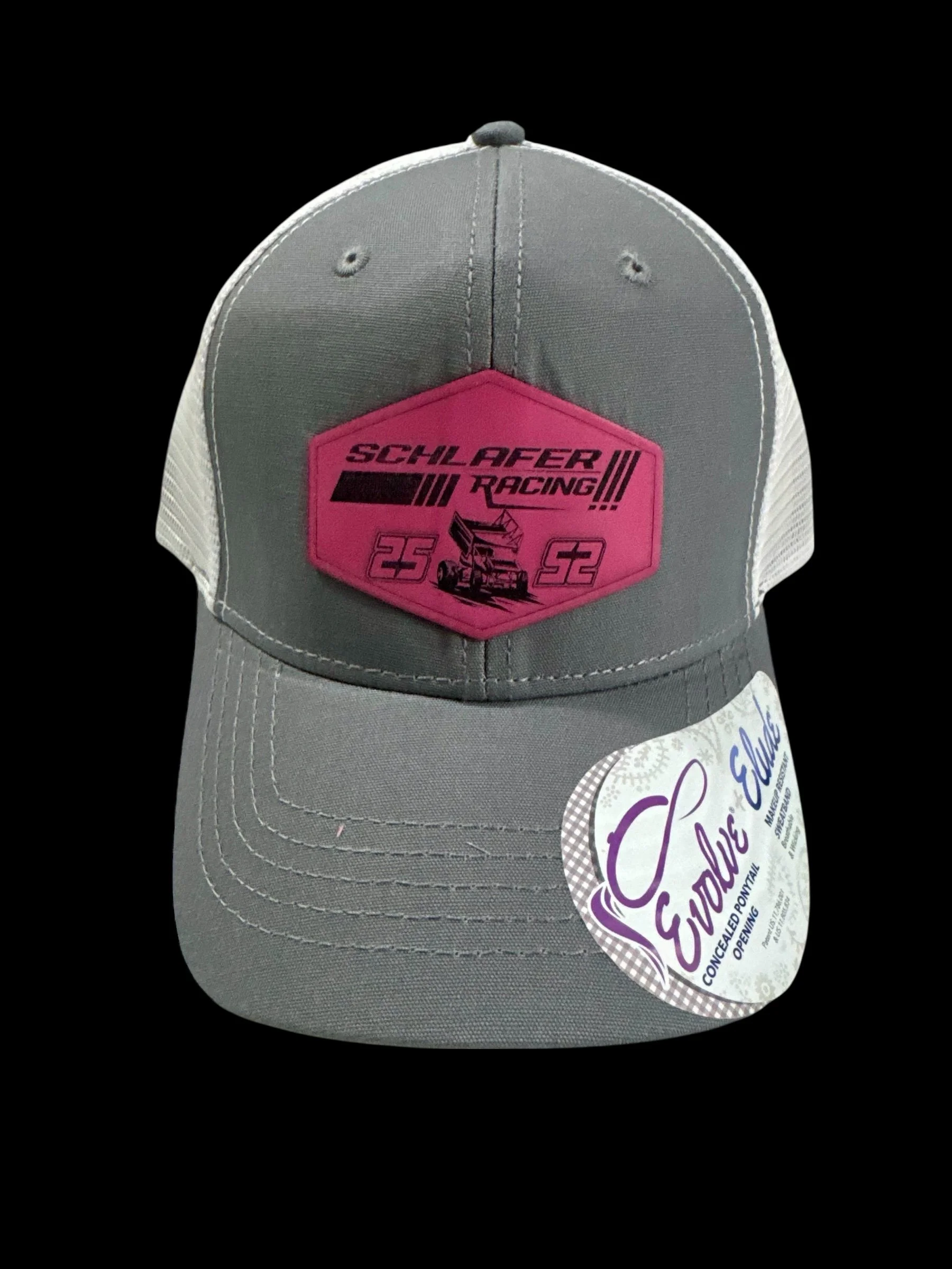Gray Pony Hat with White Mesh back and Pink Patch