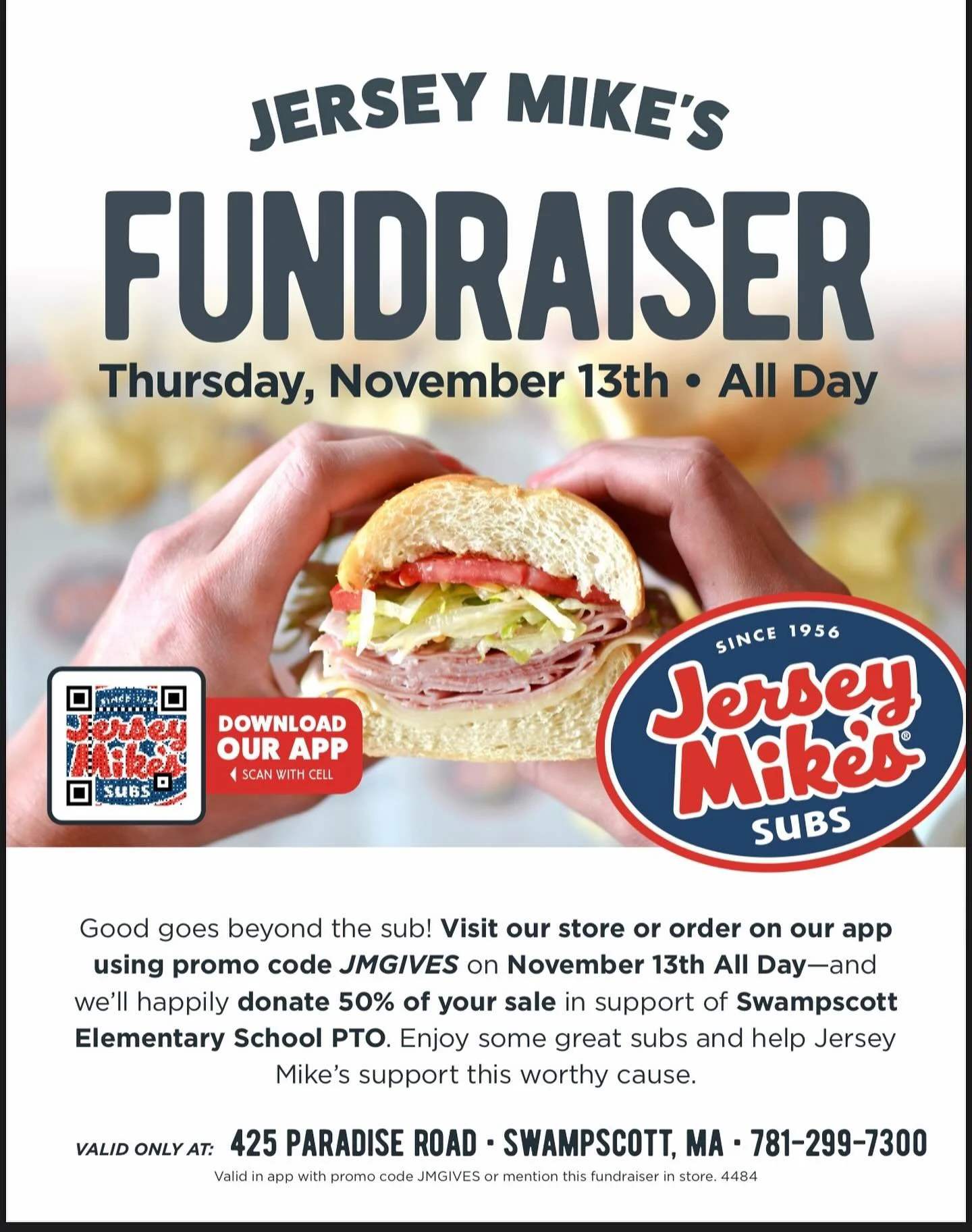 Looking for a great Lunch tomorrow 11/13? Order from @jerseymikes and use our code JMGIVES and they&rsquo;ll donate 50% back to the PTO! Order online!! 

#jerseymikes #pto #ses #fundraisersyum
