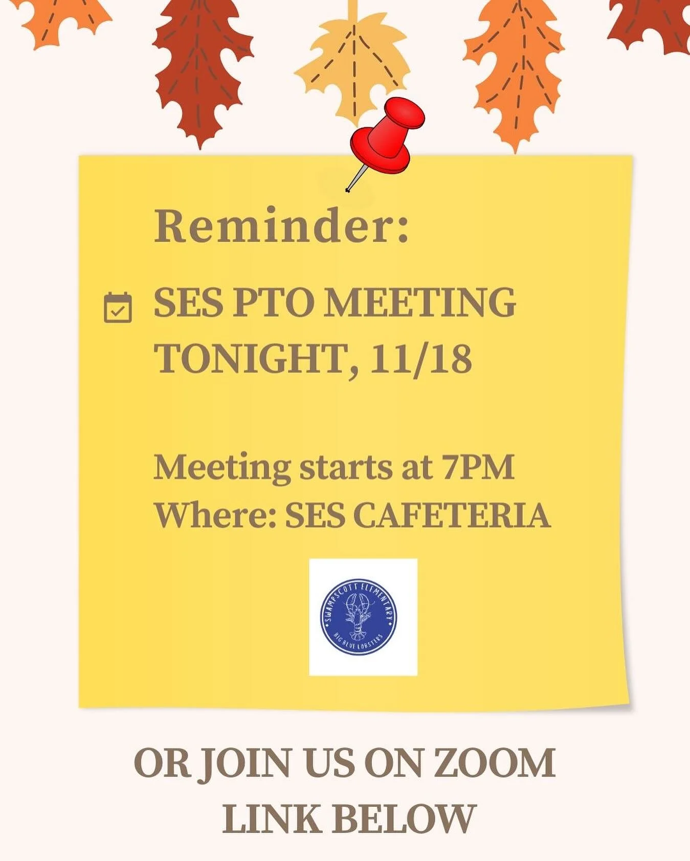 🗓️ PTO meeting tonight at 7 PM at the SES cafeteria

Link to Zoom in comments below 👇🏻