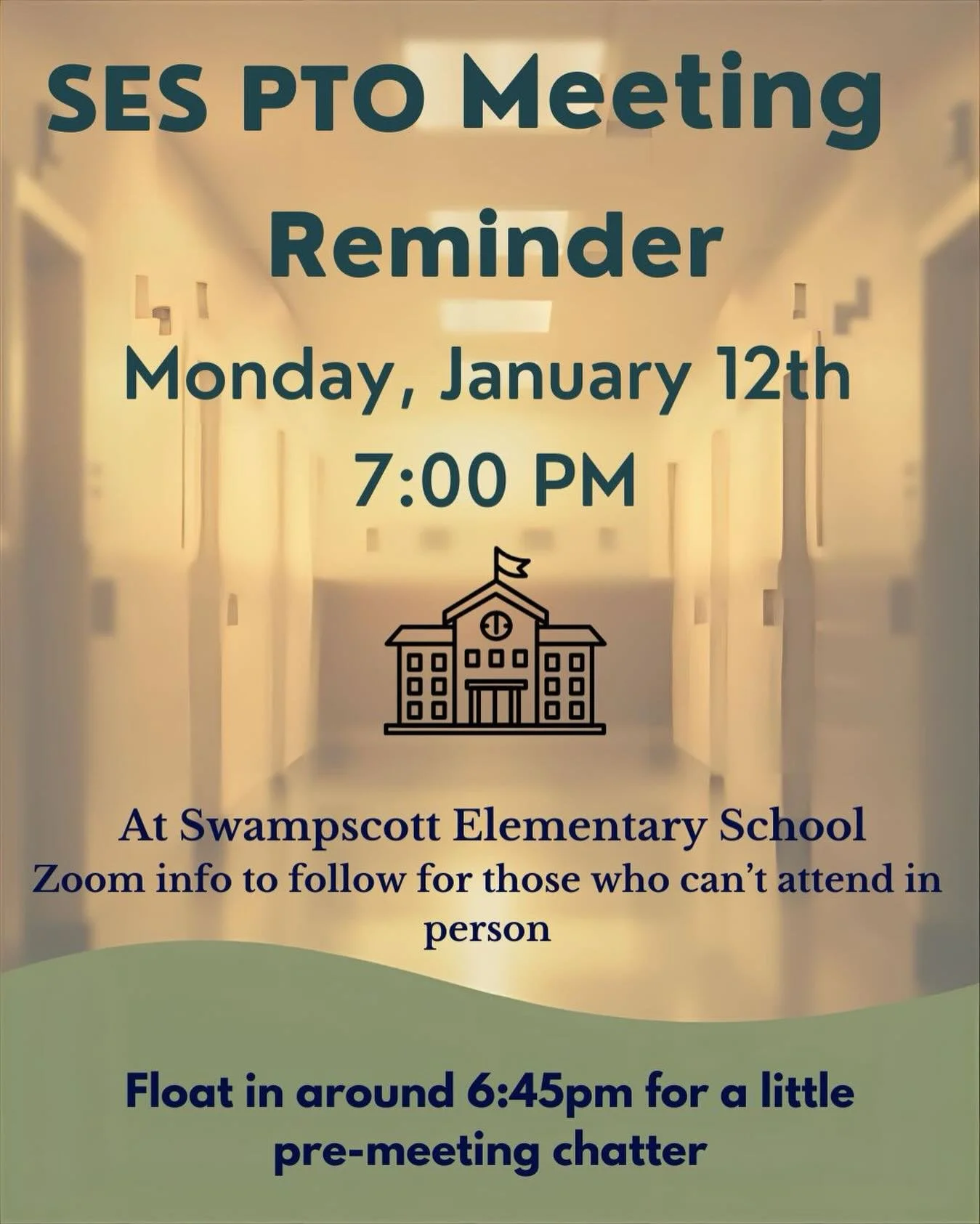 Happy New Year! 

Catch up with the SES PTO this upcoming Monday, Jan 12th at SES Caf. At our January meeting. 

Meeting starts at 7, slide in early to catch up! 

We hope to see a few new faces 🙂