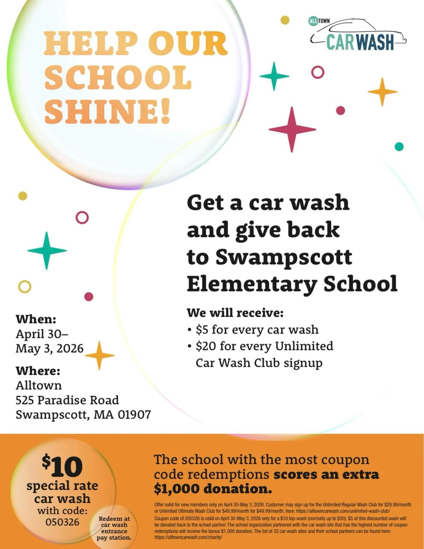 ✨Help our school shine✨

Use our code - 050326 &amp; the school with the most cold redemptions will get a bonus thousand dollar donation!! 

Get a car wash &amp; for each wash SES PTO will recieve: 

$5 for every wash!! 🧼
$20 for every Unlimited 🧼?