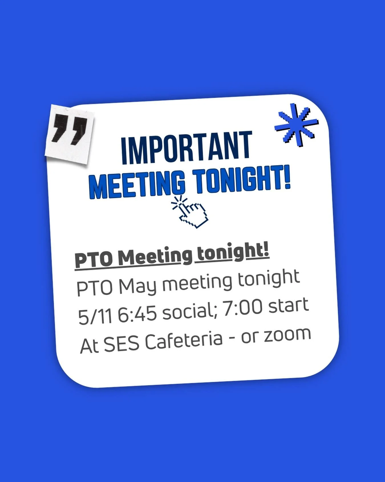 Join us tonight 5/11 at SES for our monthly PTO meeting! 

Can&rsquo;t make it in person? Join our zoom meeting (link below) 

https://getoveralls.zoom.us/j/89151946275?pwd=tHHIqb67d7ZNbhf7Qhs3j7nzOywQfc.1
