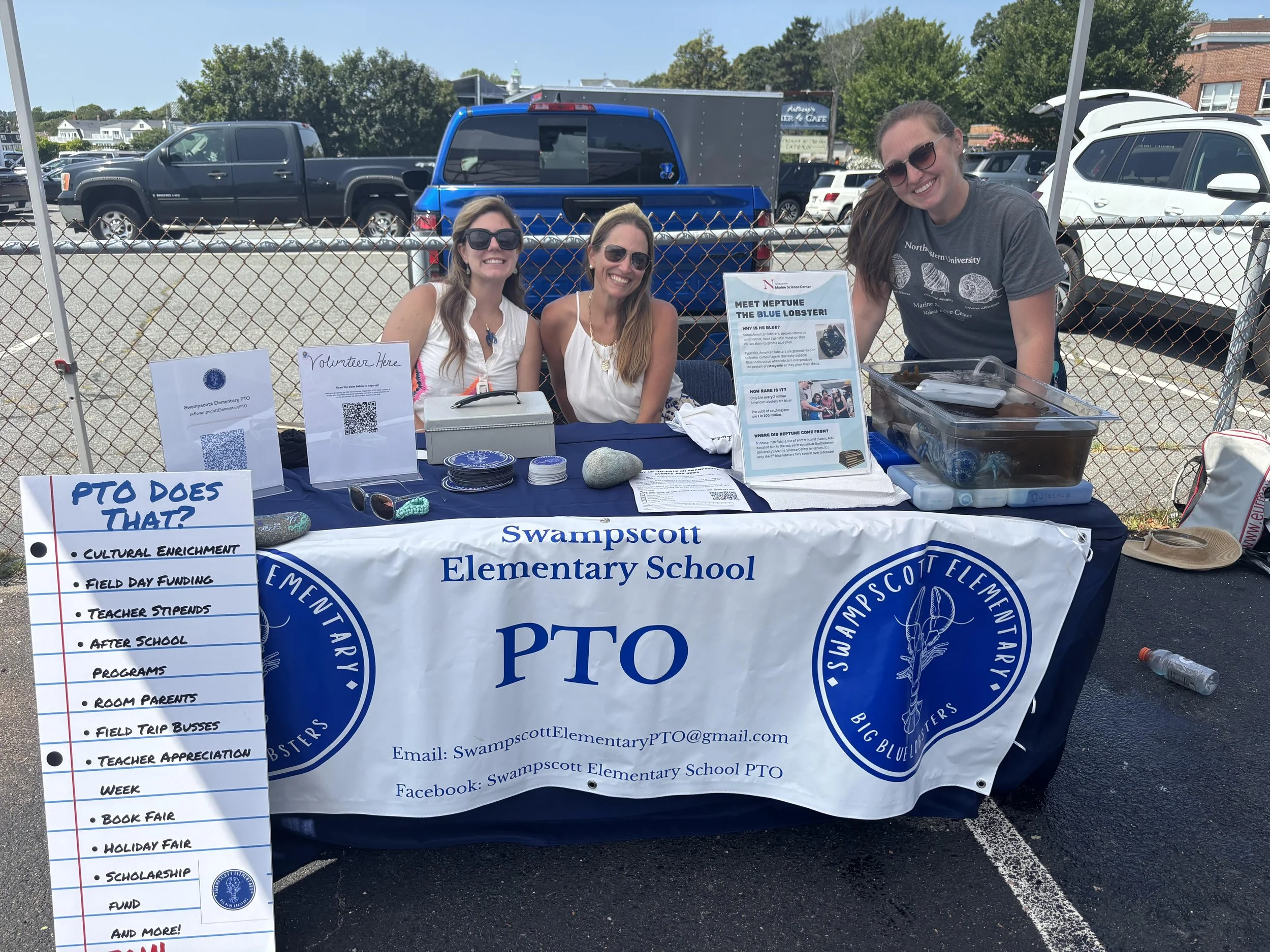 PTO table at Swampscott Annual Block Party hosted by Park & Rec department. Meet Neptune the real live blue lobster!