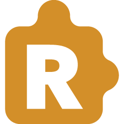 A large letter R inside a gold medal with a white background.