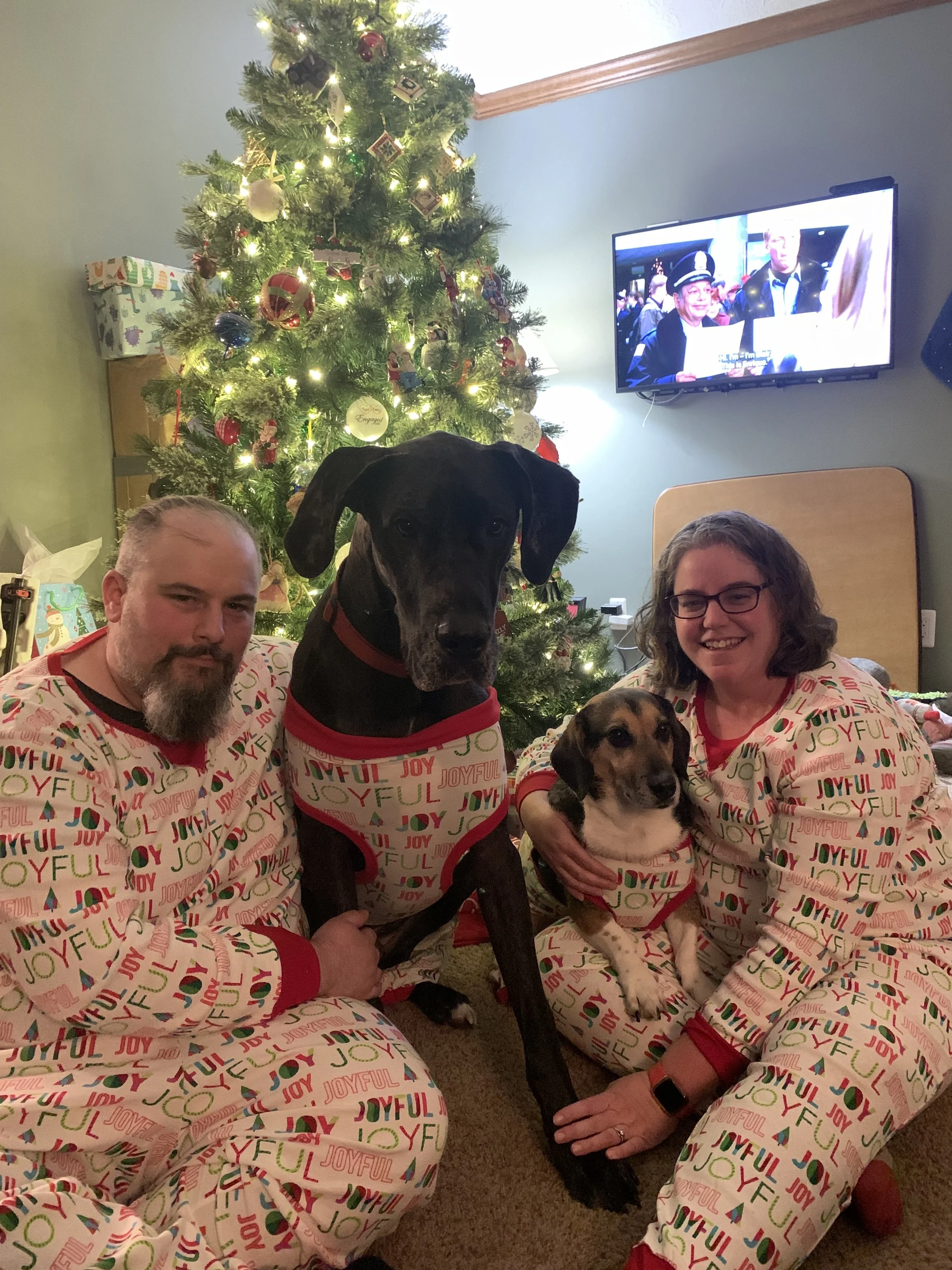 A family of two adults and two dogs celebrating Christmas, all wearing matching pajamas with 'Joyful' and 'Joy' printed on them, sitting in front of a decorated Christmas tree inside a living room.