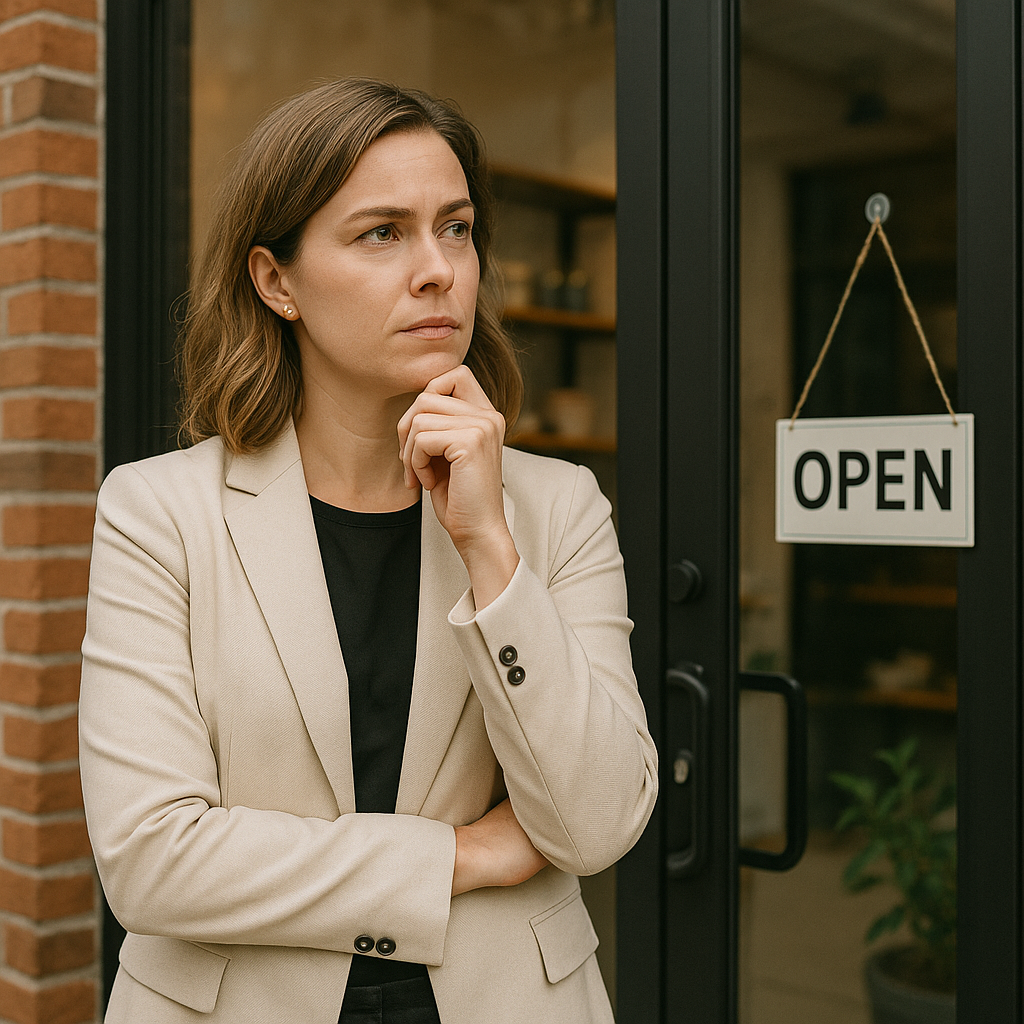 A woman in a light-colored blazer stands outside a shop with an "Open" sign on the glass door. She has a contemplative expression with her hand on her chin.