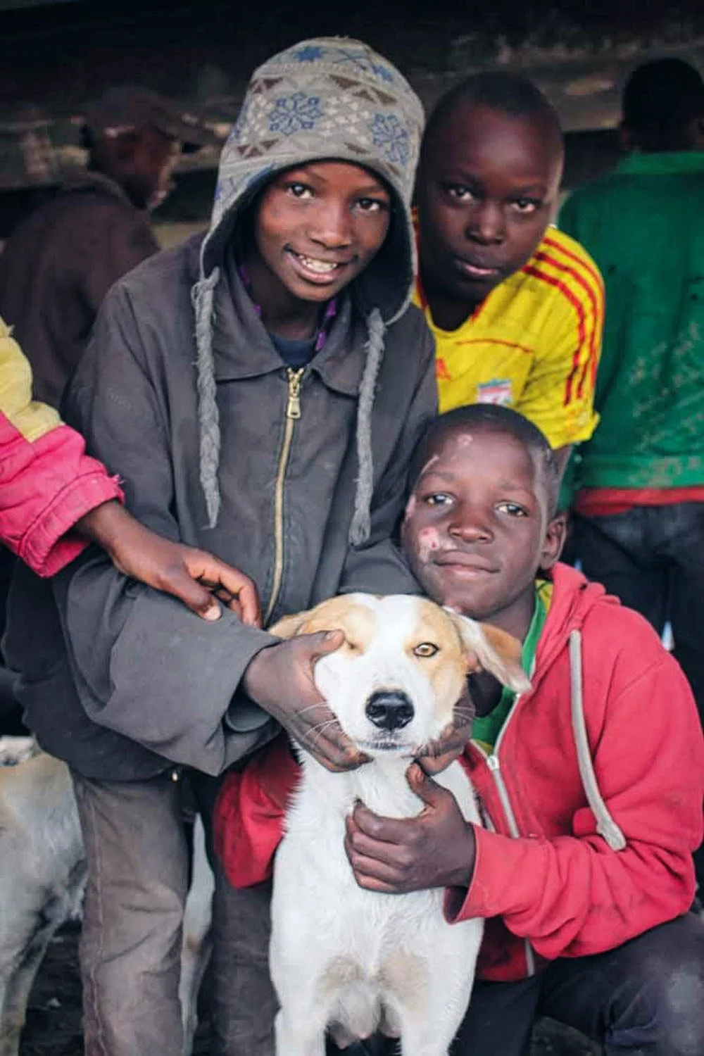 Obdachlose Strassenkinder in Nairobi mit einem Hund in ihrer Mitte. Ihnen versucht Nathalie Narbel mit ihrem Hilfswerk Nafrika ein Dach über dem Kopf zu schaffen.