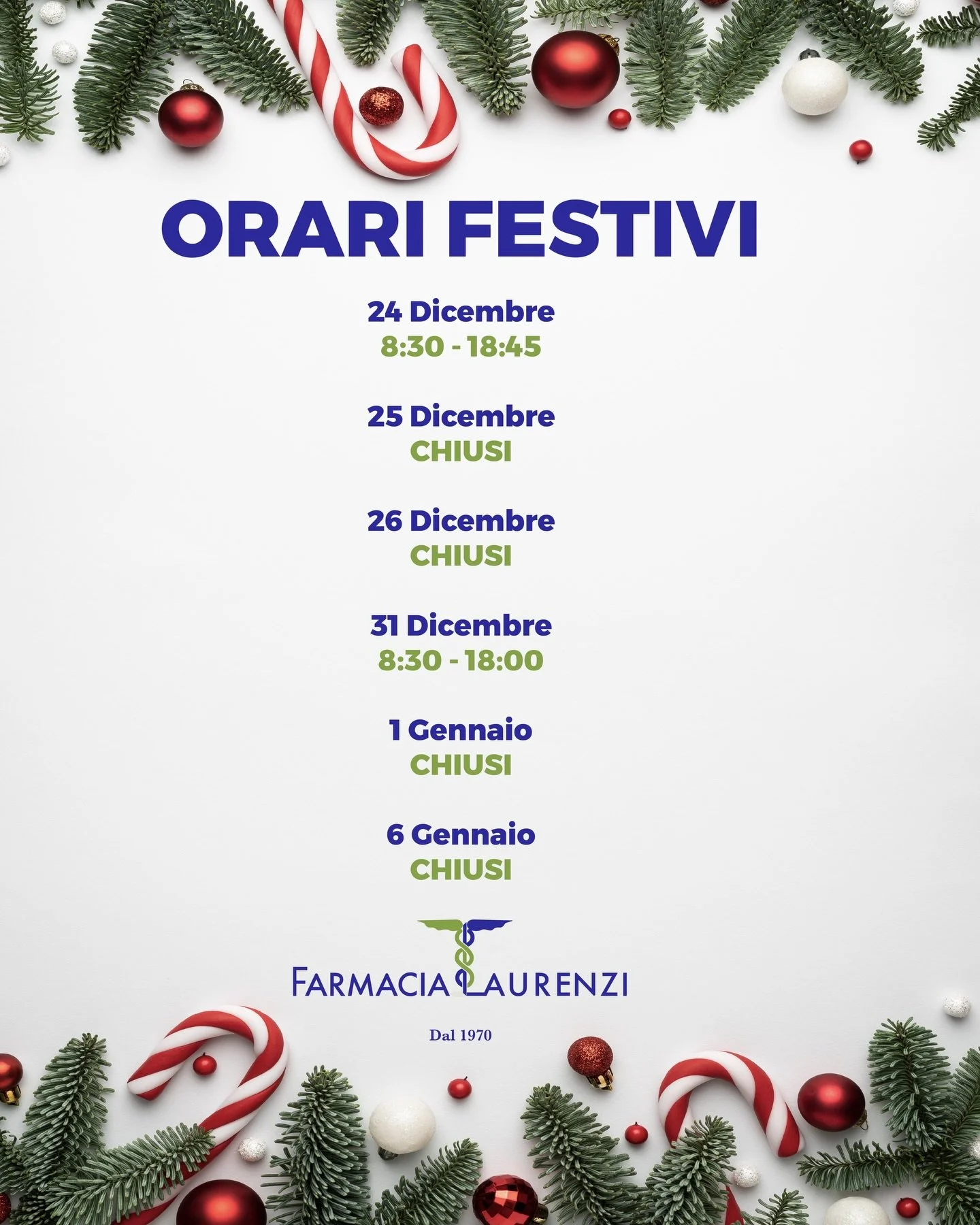 Nell&rsquo;augurarvi buone feste vi lasciamo con i nostri orari per questi giorni 🎄 

N.B. Tutti i giorni che non sono elencati l&rsquo;orario &egrave; quello classico 🕑

#farmacialaurenzi #orarifestivit&agrave;