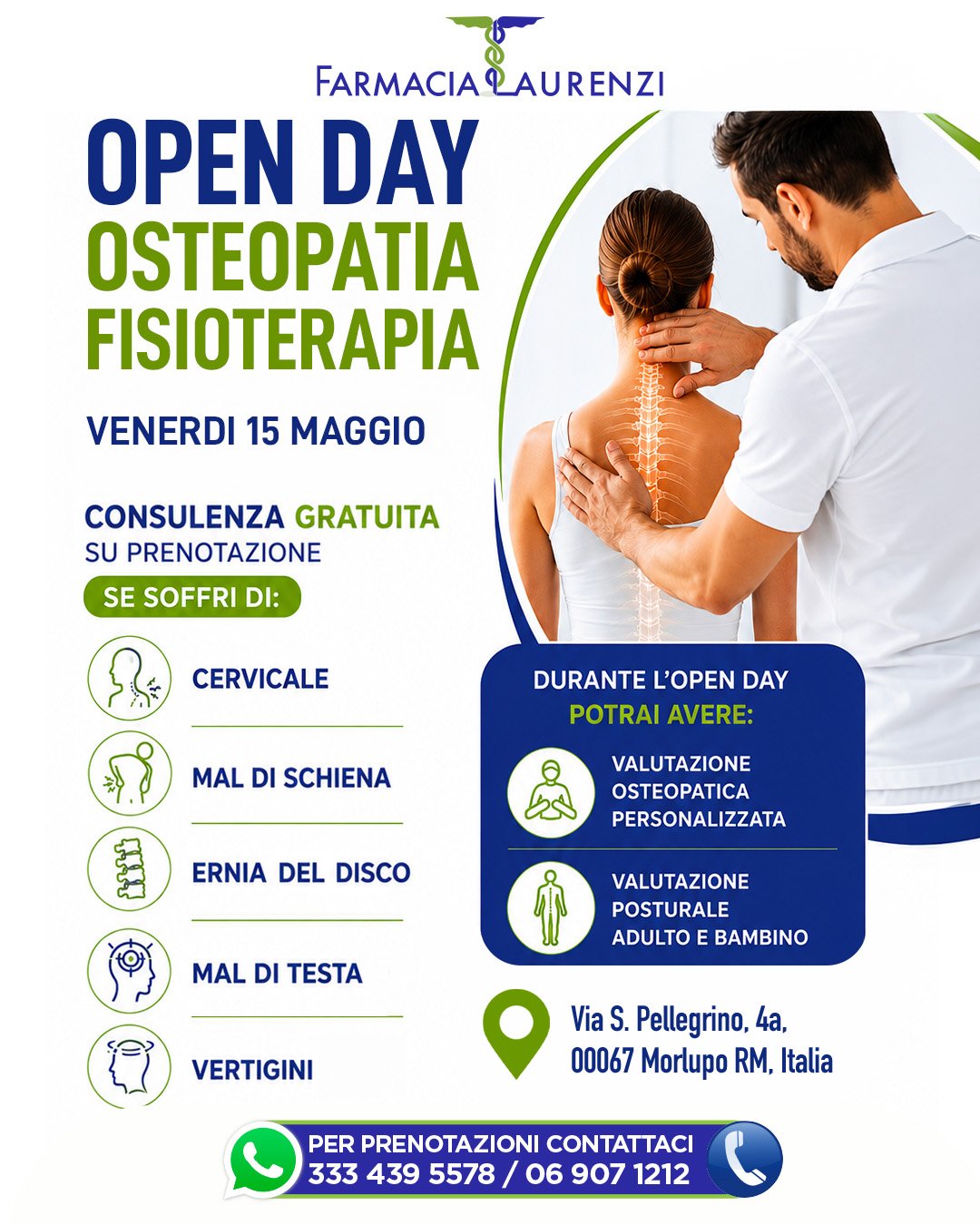 OPEN DAY OSTEOPATIA &amp; FISIOTERAPIA ✨

Hai spesso:
✔️ cervicale
✔️ mal di schiena
✔️ ernia del disco
✔️ mal di testa
✔️ vertigini

Ti aspettiamo per una consulenza GRATUITA su prenotazione dedicata al tuo benessere 💙💚

Durante l&rsquo;Open Day p