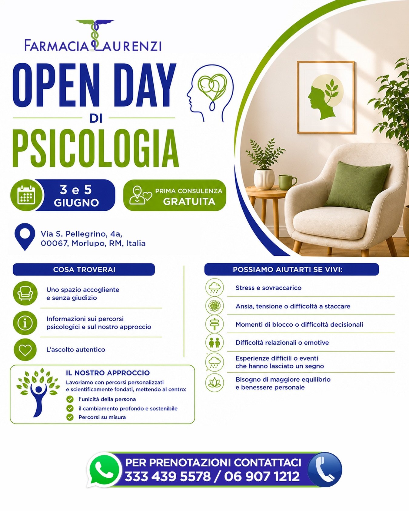 💚 OPEN DAY DI PSICOLOGIA 💚

Ci sono momenti in cui fermarsi, ascoltarsi e chiedere supporto pu&ograve; fare la differenza. Per questo Farmacia Laurenzi organizza un Open Day dedicato al benessere psicologico, con una prima consulenza GRATUITA ✨

Du