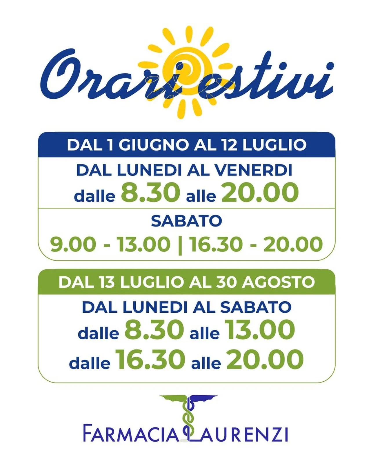🌞 Estate in arrivo, nuovi orari in farmacia! 

Vi aspettiamo da domani con i nostri orari estivi 🌊 

#farmacialaurenzi