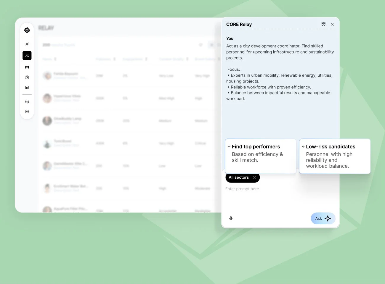 CORE Relay dashboard interface showing AI-assisted workforce coordination and task assignment for sustainable infrastructure projects.