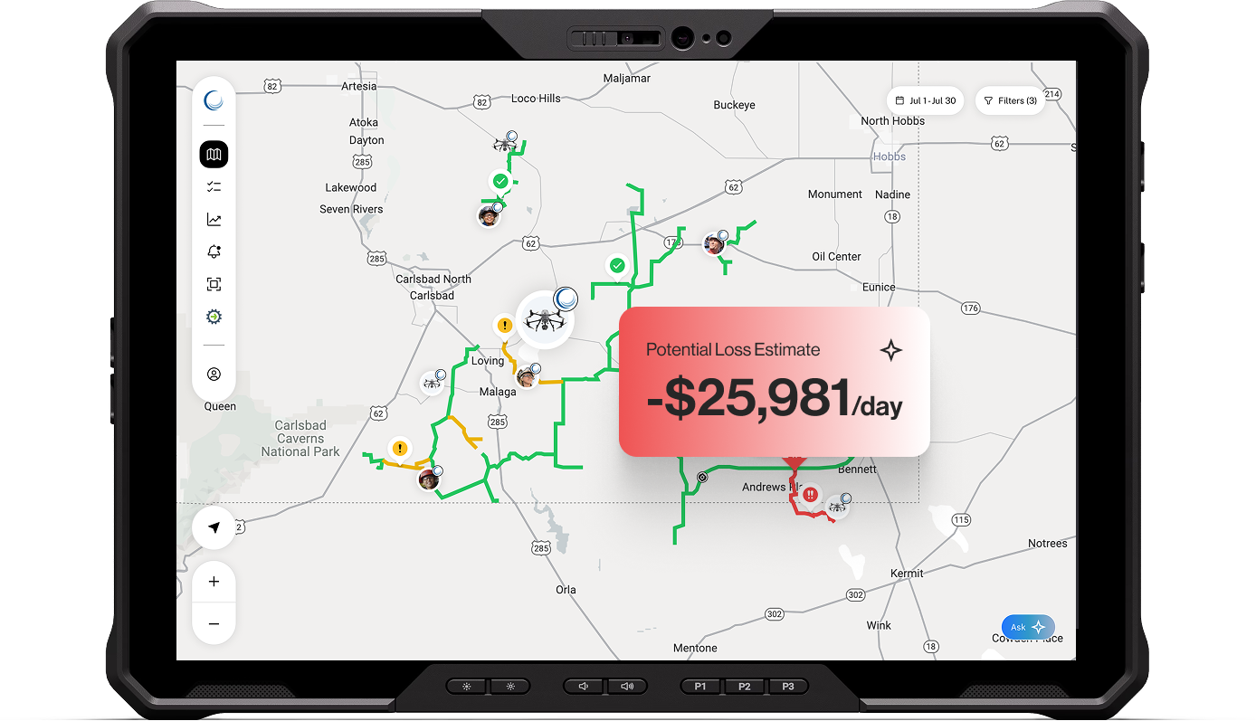 Tablet device displaying the CORE Flow platform map interface, showing produced water network activity, asset locations, alerts, and estimated operational loss across a distributed field operation.