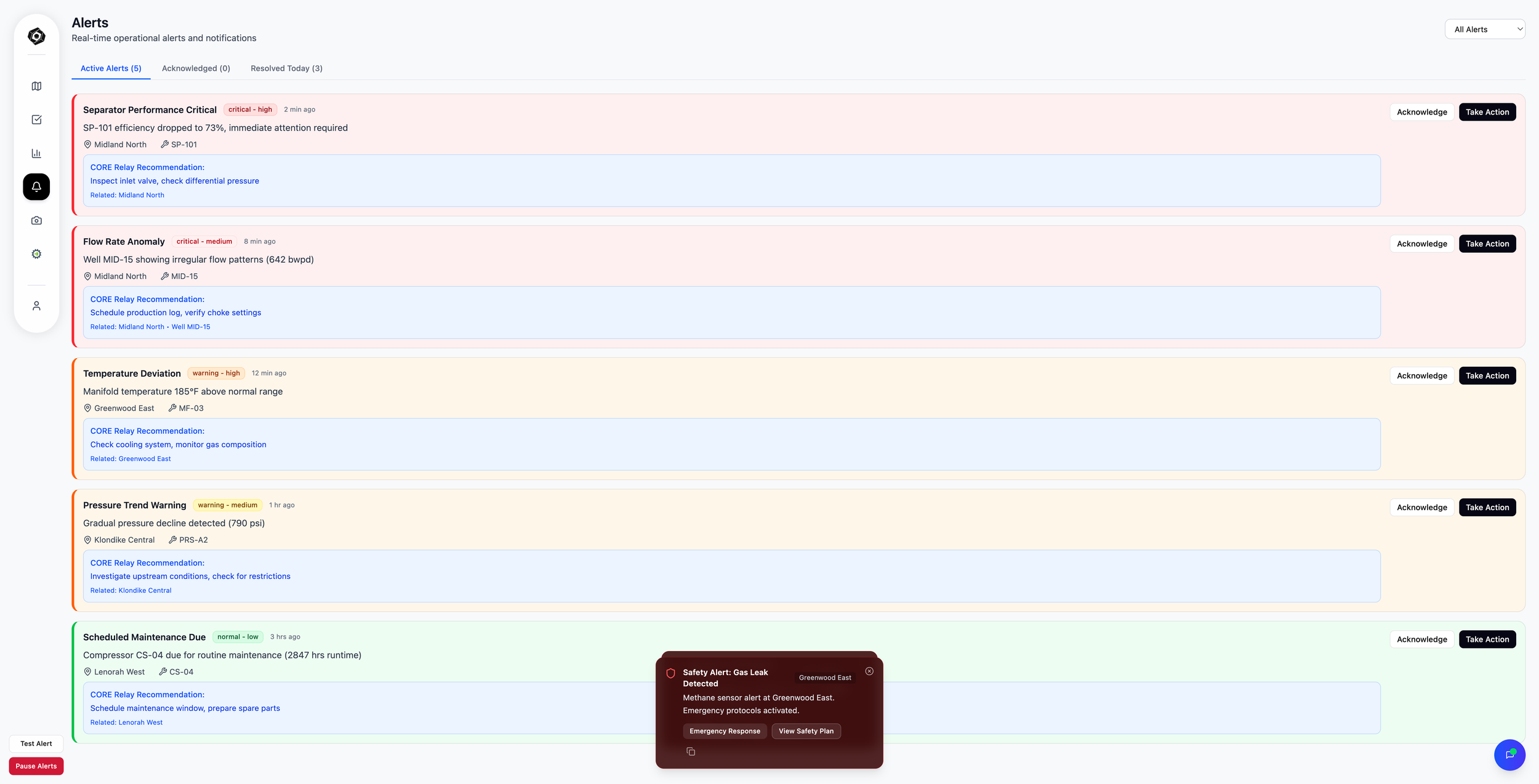 Alerts dashboard displaying active operational and safety notifications, recommended actions, site references, and a critical gas leak alert for a produced water operations environment.