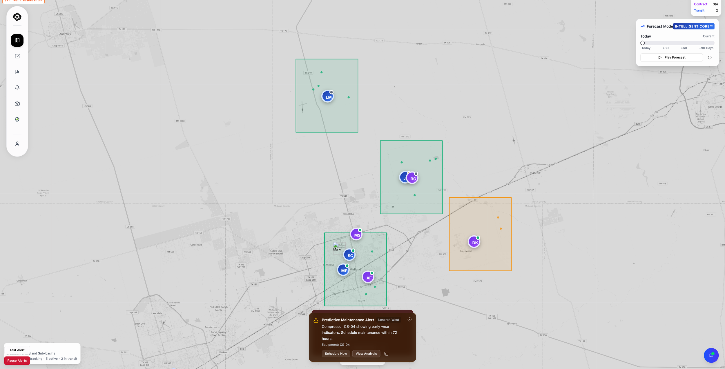 Map-based operations dashboard showing distributed field sites, highlighted monitoring zones, and a predictive maintenance alert for a produced water asset near Midland.