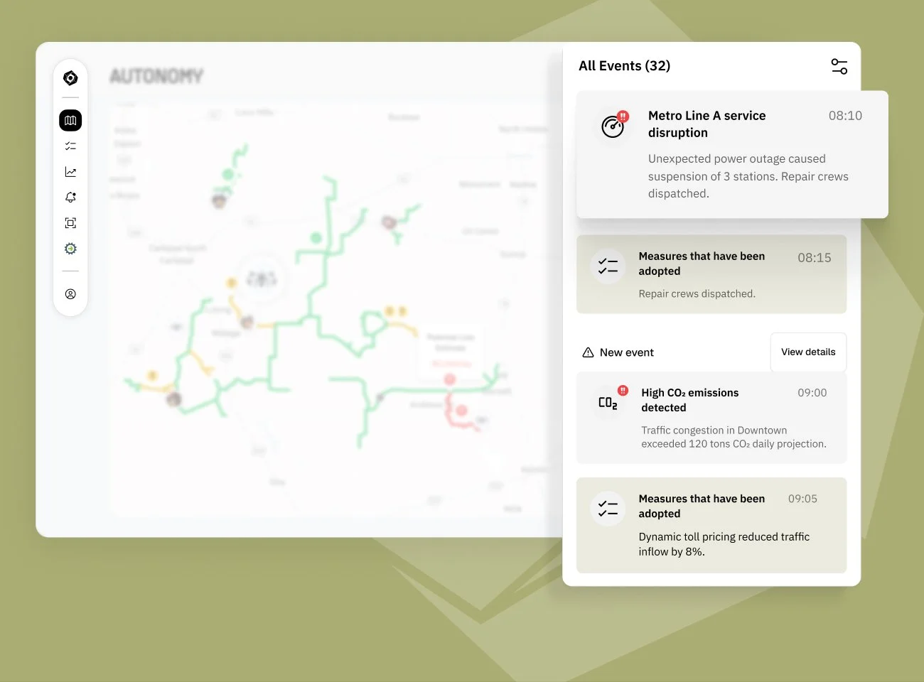 CORE Autonomy interface orchestrating real-time event responses, including CO₂ emissions detection and outage management.