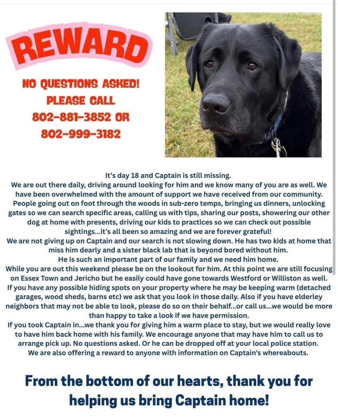 Essex, VT and surrounding towns&mdash;pretty please&mdash;keep an eye out for Captain!!