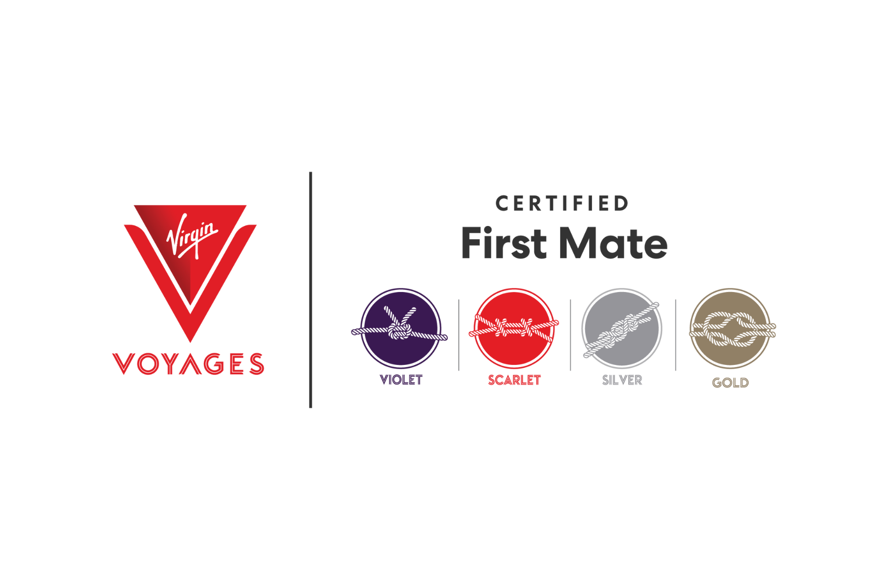 Virgin Voyages logo with colored knots and labels for Violet, Scarlet, Silver, and Gold first mate certifications.