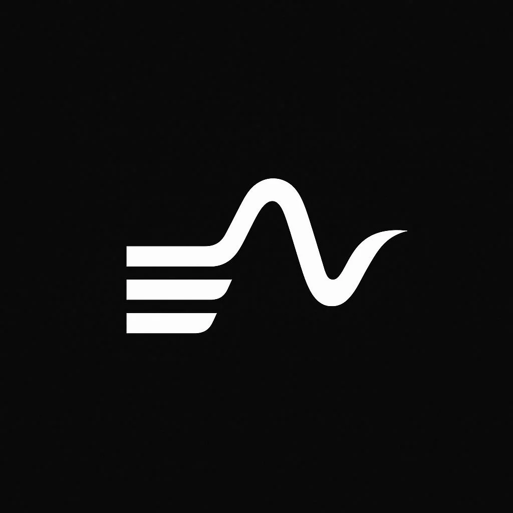 A black background with a white logo resembling three horizontal lines and a wave-like line, symbolizing sound or audio.