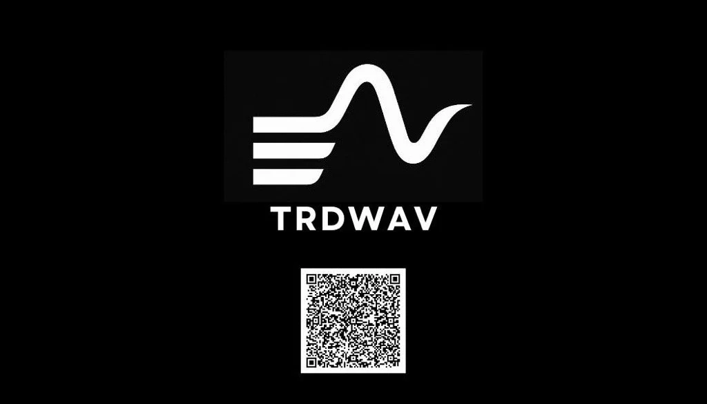 Black background with a white logo featuring a waveform and three horizontal lines, the text 'TRD WAV' beneath it, and a QR code below the text.