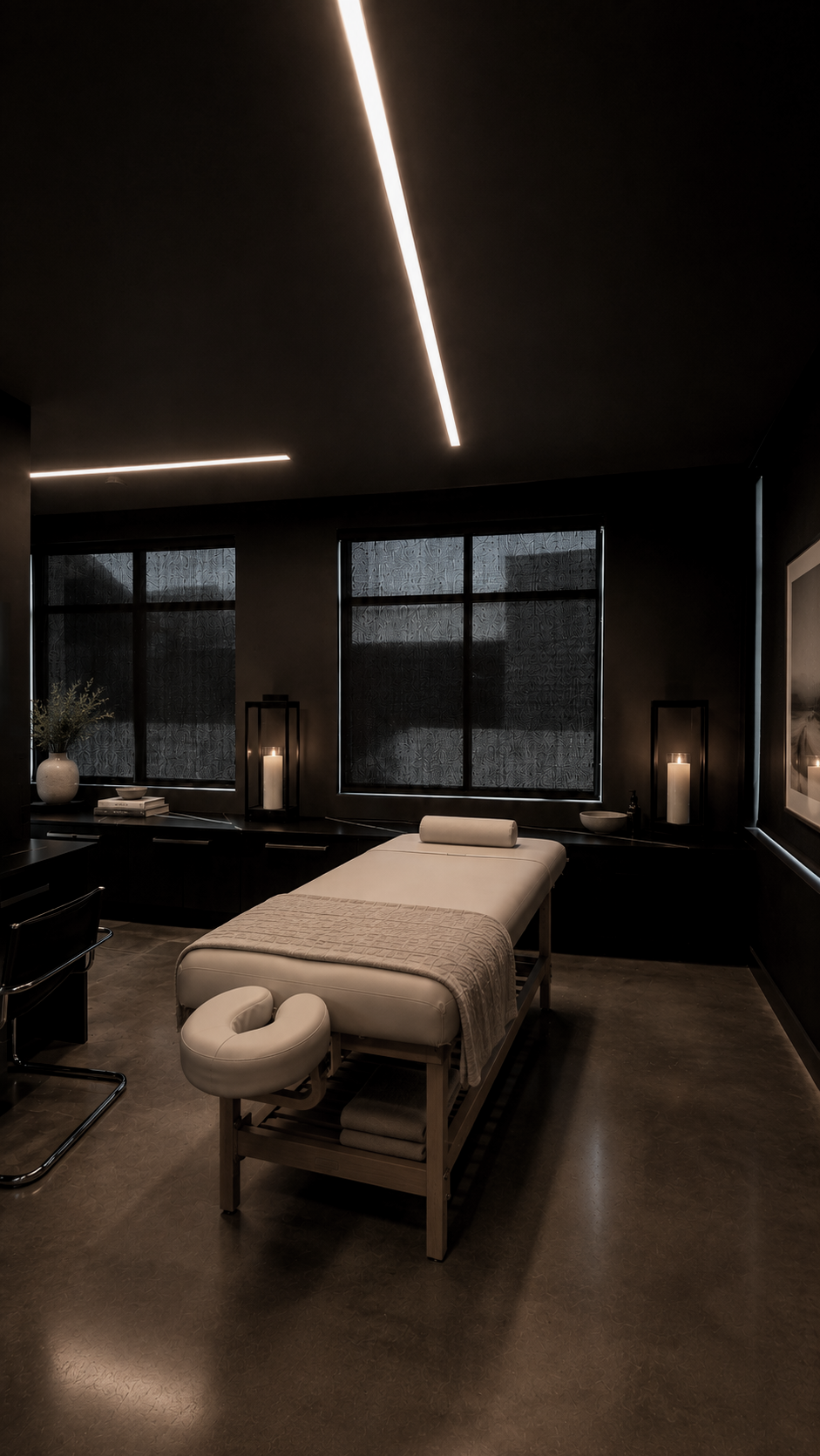 A massage room with a massage bed in the center, dark walls, and two large black windows. There are two candles on black stands, a vase with flowers, and some books on a shelf to the left. The room has a minimalist, calming ambiance with dim lighting and modern decor.