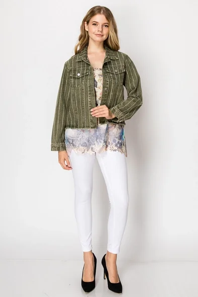 Stunning Denim Jacket with Stripe Sparkle Designs Olive