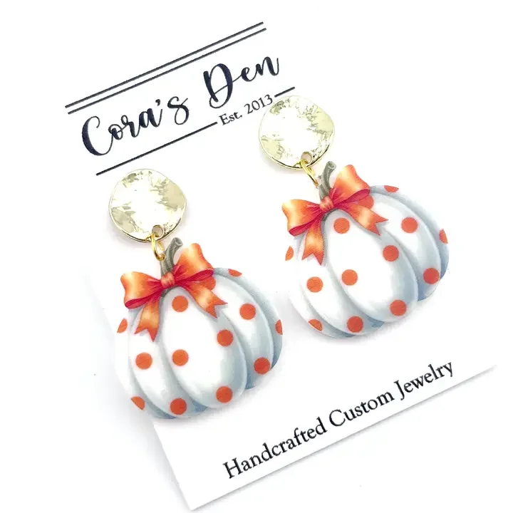 Fall White Polk A Dot Pumpkin Earrrings
