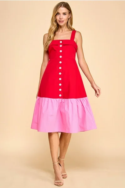 Two Toned Fold Over Neckband Midi Dress Pink