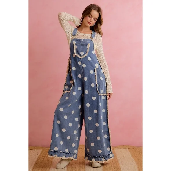Women Relaxed Polka Dot Denim Overalls with Lace Trim