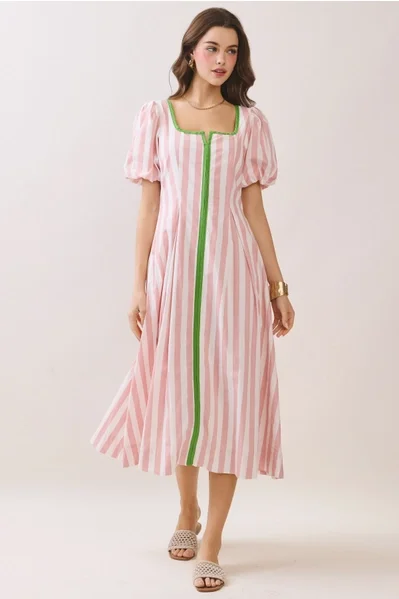 Striped Contrast Piping Detail Square Neck Dress Pink