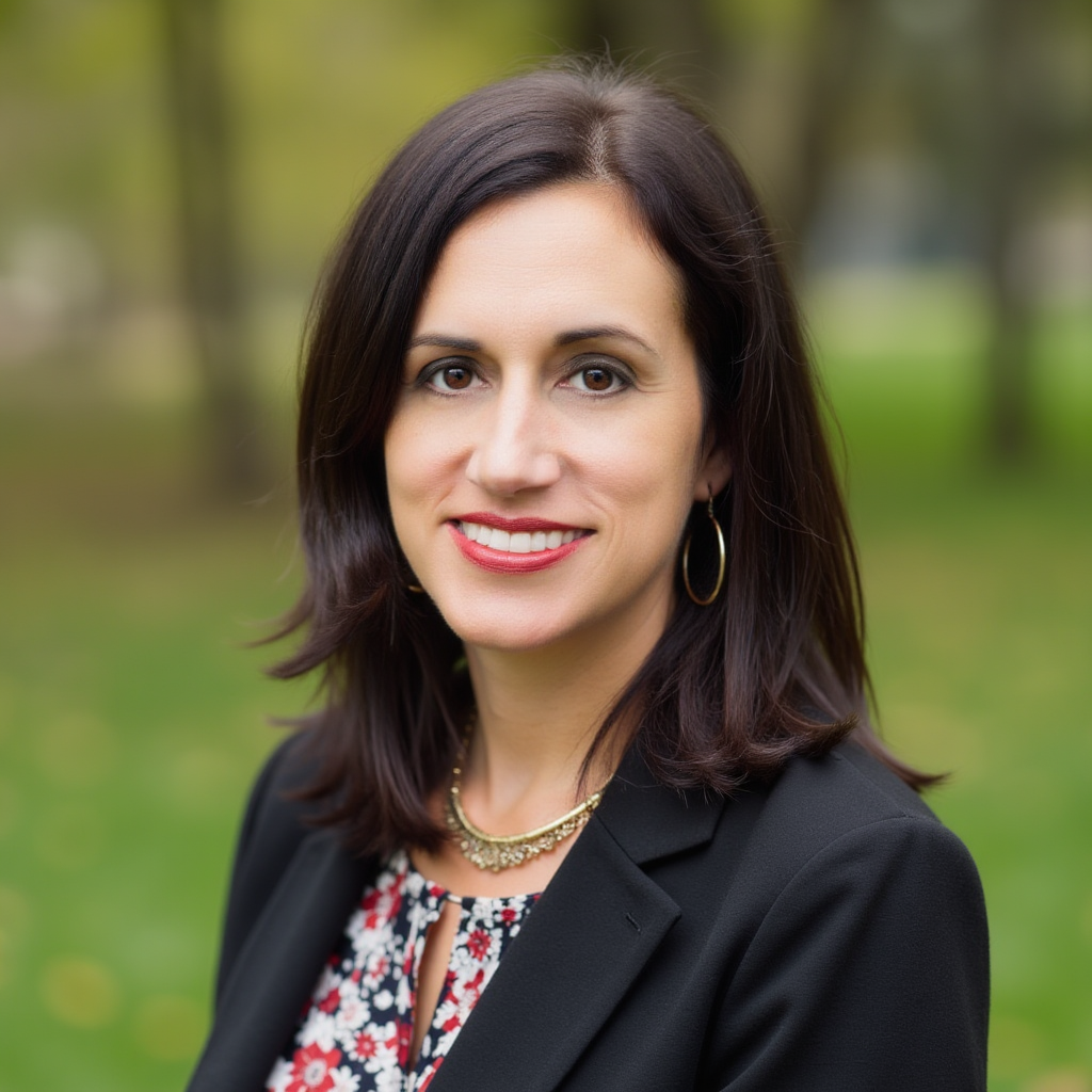 A woman with dark brown hair, wearing a black blazer and a floral blouse, smiling outdoors with a blurred background of trees.
