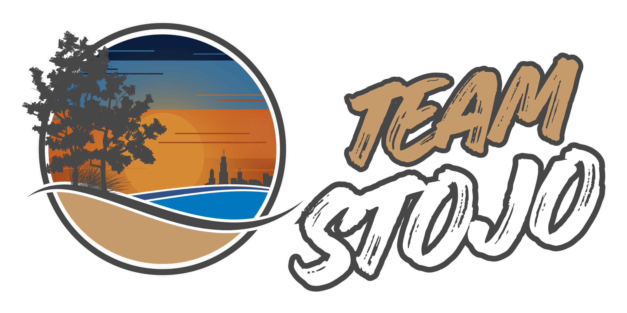 A logo with a circular design featuring a tree and skyline set against a sunset or sunrise with colors transitioning from blue to orange, and the words "TEAM STUDIO" written in a bold, stylized font on a black background.