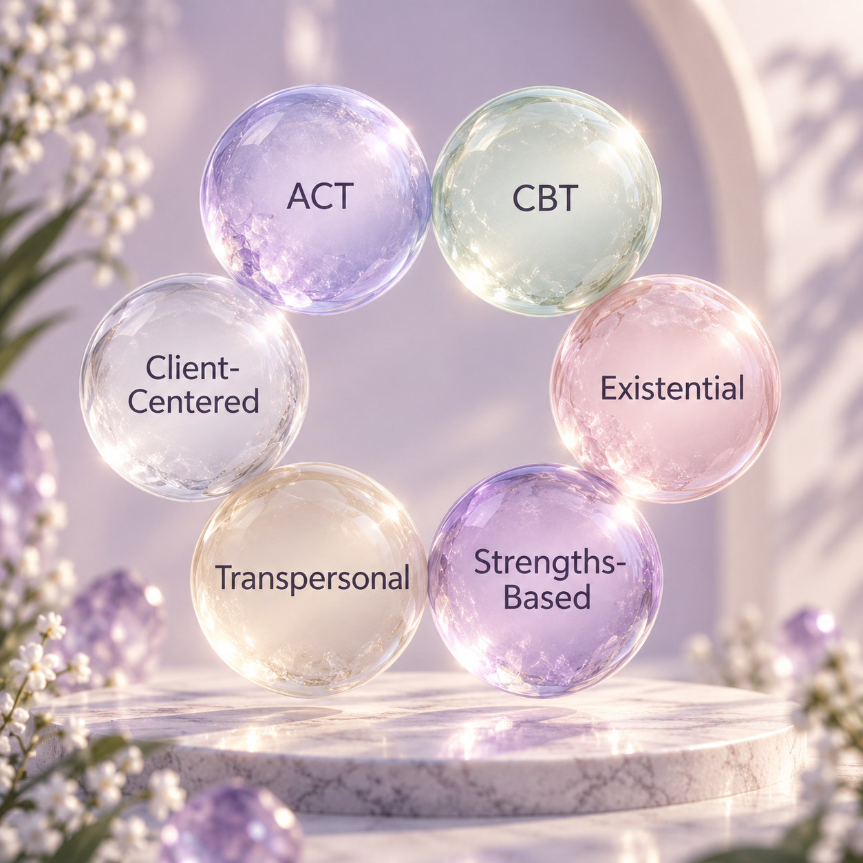 Therapeutic approaches used at Dr. Ev’s Oasis, including ACT, CBT, existential, humanistic, strengths-based, trauma-informed, transpersonal, and spiritually integrated therapy