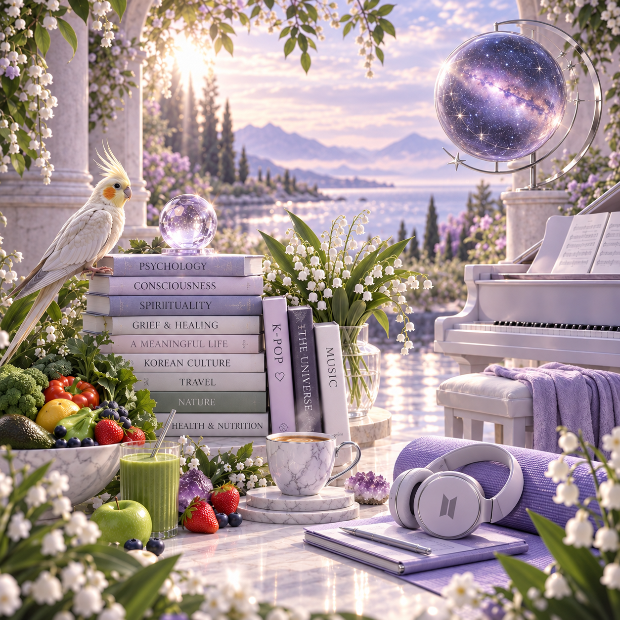 Personal interests and meaningful parts of Evelyn’s life, including BTS, books, nature, K-pop, spirituality, coffee, and her cockatiel