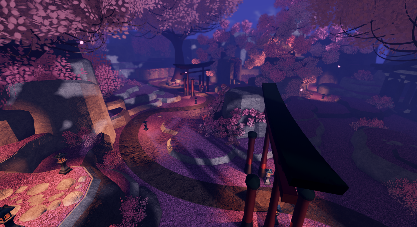 A digital illustration of a peaceful Japanese garden with pink cherry blossom trees, stone pathways, lanterns, and a torii gate in the background, with a dark bridge in the foreground.