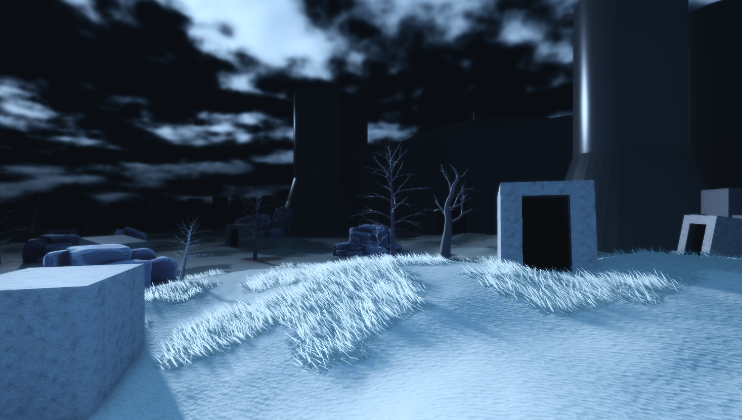 A digital 3D-rendered winter landscape scene at night with snow-covered ground, leafless trees, and industrial structures in the background under a cloudy sky.