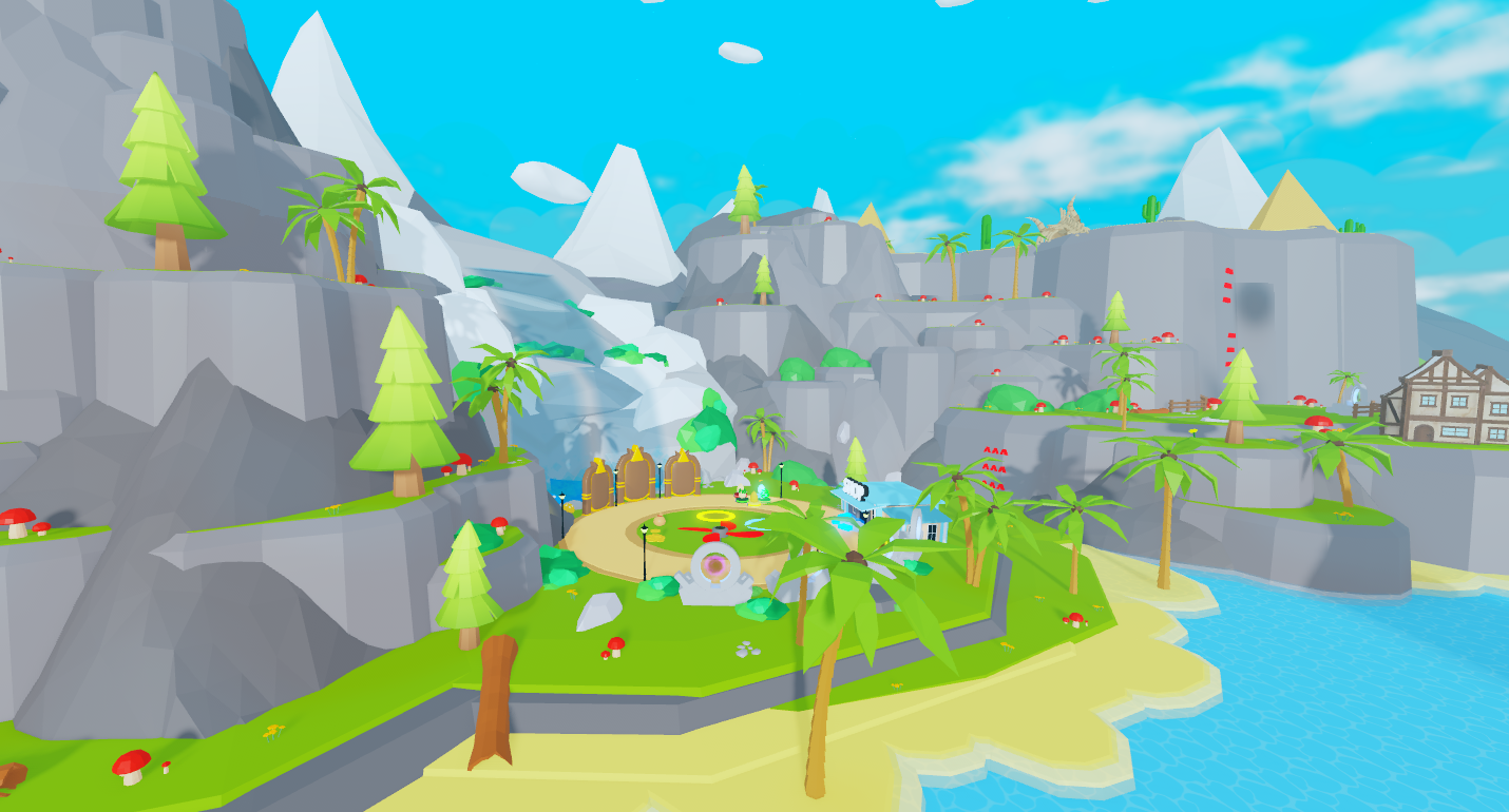 A colorful, cartoon-style island landscape with mountains, trees, waterfalls, water, and buildings.