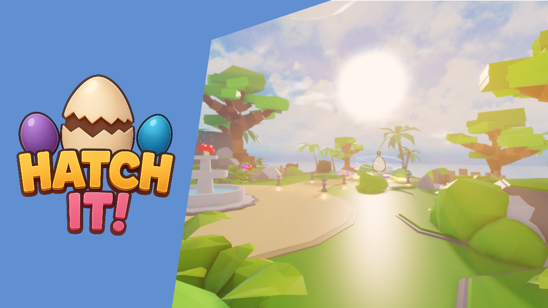 Screenshot of a 3D animated cartoon-style landscape with trees, a fountain, and a bright sun, from the game 'Hatch It!' logo with a purple, blue, and egg.