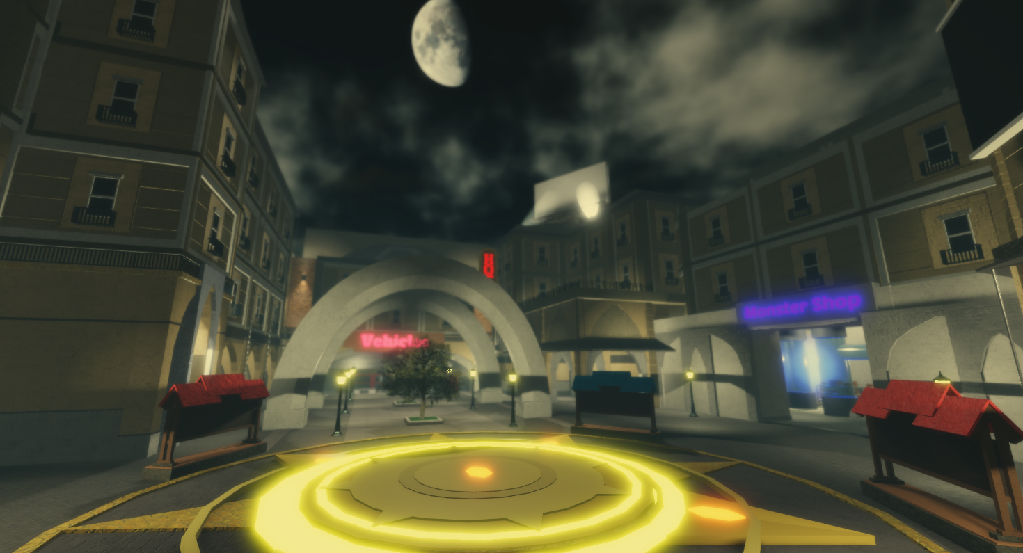 A virtual city scene at night with a large moon overhead, featuring multi-story buildings, a central archway, neon signs for a vehicle and a monster shop, benches, street lamps, and a glowing yellow circular platform in the foreground.