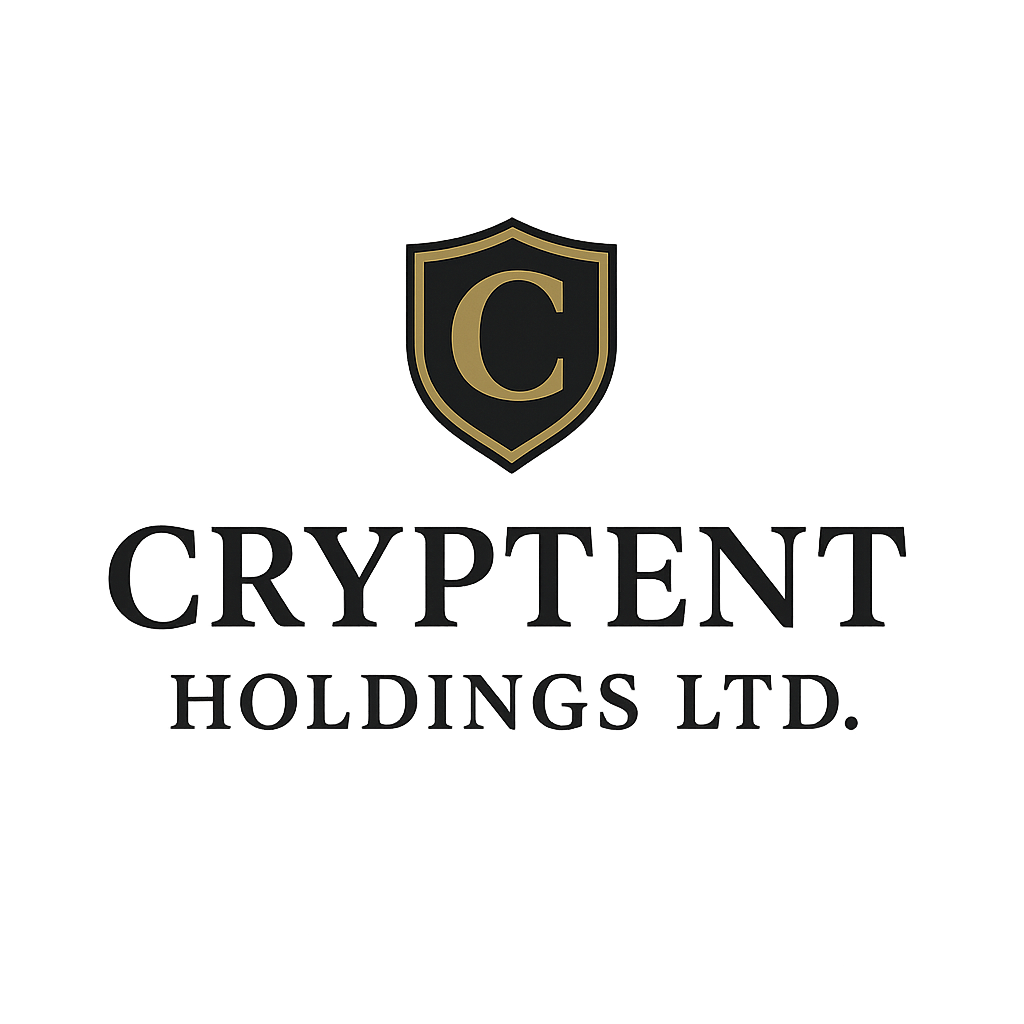 Logo for Cryptent Holdings Ltd. featuring a black and gold shield with a letter C, and the company name in black text.